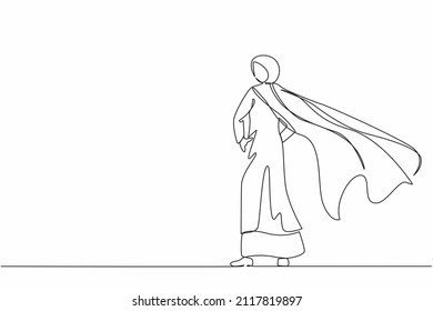 Single one line drawing superhero in cloak flutters in wind. Stands with her back. Successful Arabic businesswoman hero. Business success, leadership and victory. Continuous line design graphic vector