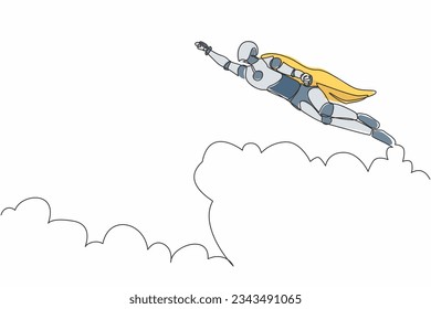Single one line drawing superhero robot in cloak flying up to sky. Business success, goal achievement. Future technology. Artificial intelligence machine learning. Continuous line draw design vector