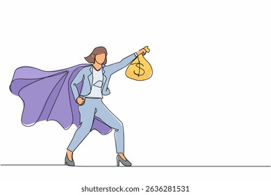 Single one line drawing superhero businesswoman present symbol of income. Happy employee superhero shows money bag metaphor of income, investment, profit, growth. Continuous line draw design graphic