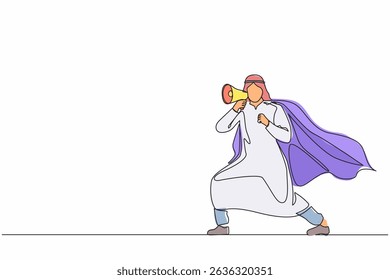 Single one line drawing superhero speaking in megaphone. Superhero in cape, happy Arabian businessman holding megaphone, successful team leader. Continuous line draw design graphic vector illustration