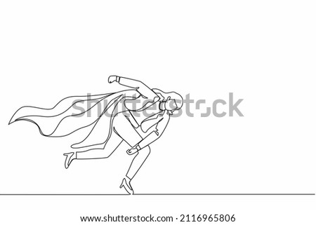 Single one line drawing superhero businesswoman punching breaking through problem. Elimination obstacles. Motivation to win, reliable leadership. Continuous line design graphic vector illustration