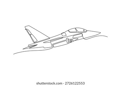 El jet supersónico de dibujo de una sola línea es elegante. El fuselaje de punta de aguja y las alas retraídas diseñadas para interceptaciones militares de alta velocidad. Ilustración vectorial gráfica de diseño de dibujo de línea continua