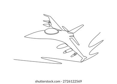 Una sola línea dibujando un avión de combate supersónico. Alas aerodinámicas, cubierta de la cabina, misiles inferiores para misiones Aéreas de defensa y combate. Ilustración vectorial gráfica de diseño de dibujo de línea continua