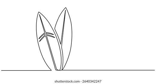 Single one line drawing Surfboard, surfer standing on beach holding surfboard., Continuous one line drawing of surfing longboard in the beach. Surfboard standing up in single line draw illustration. 