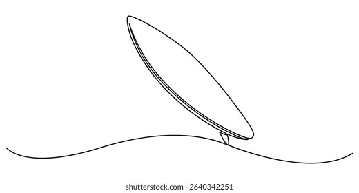 Single one line drawing Surfboard, surfer standing on beach holding surfboard., Continuous one line drawing of surfing longboard in the beach. Surfboard standing up in single line draw illustration. 