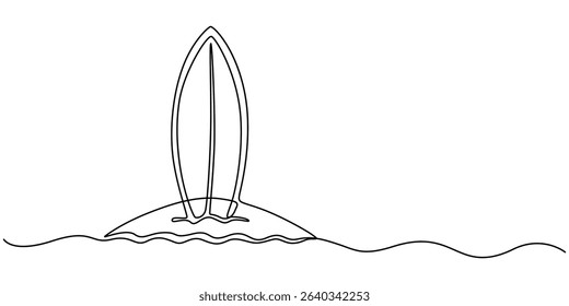Single one line drawing Surfboard, surfer standing on beach holding surfboard., Continuous one line drawing of surfing longboard in the beach. Surfboard standing up in single line draw illustration. 