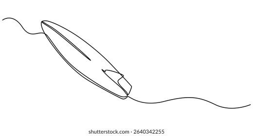 Single one line drawing Surfboard, surfer standing on beach holding surfboard., Continuous one line drawing of surfing longboard in the beach. Surfboard standing up in single line draw illustration. 
