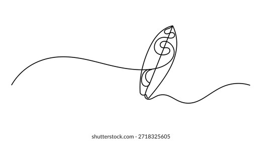 Single one line drawing Surfboard, surfer. surfboard continuous one line drawing, Continuous one line drawing of surfing longboard design. Surfboard in single line draw illustration.