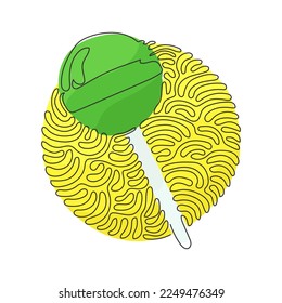 Single one line drawing sweet lollipops. Round candy on stick. Colored sugar candies for dessert. Swirl curl circle background style. Modern continuous line draw design graphic vector illustration