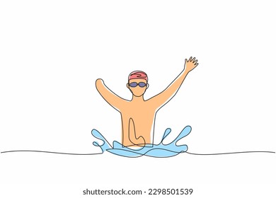 Single one line drawing swimming person with disability athlete playing in tournament games.  sportsman, sport, success, championship. Continuous line draw design graphic vector illustration