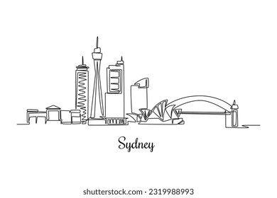Single one line drawing Sydney skyline, Australia. City concept. Continuous line draw design graphic vector illustration.