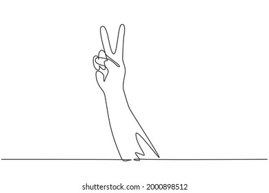 Símbolo único de dibujo de una línea de paz. Número dos de manos. Aprenda a contar números. Concepto de educación para los niños. Señales no verbales. Ilustración gráfica de diseño de trazos de línea continua