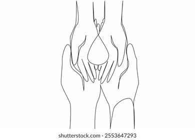 Single one line drawing symbol of blood drops on the palm of a small child. Less fortunate children who need more attention. Caring. World Hemophilia Day. Continuous line design graphic illustration