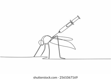 Single one line drawing syringe injection that injects large mosquitoes. Malaria can be prevented by vaccines. Stop with healthy living. World Malaria Day. Continuous line design graphic illustration