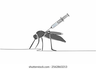 Single one line drawing syringe injection that injects large mosquitoes. Malaria can be prevented by vaccines. Stop with healthy living. World Malaria Day. Continuous line design graphic illustration