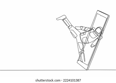 Single one line drawing of taekwondo astronaut in spacesuit doing kick pose getting out of smartphone screen. Online app taekwondo game. Cosmic galaxy space. Continuous line design vector illustration