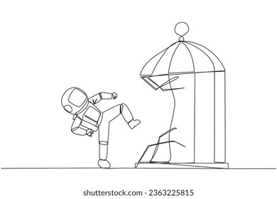 Single one line drawing taekwondo astronaut destroy the cage with the kick. Metaphors remove the comfort zone trap. A genius entrepreneur for the company. Continuous line design graphic illustration