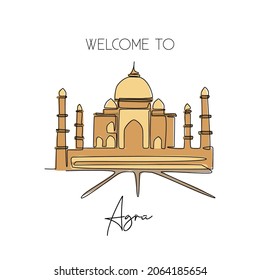 Una sola línea dibujando la mezquita Taj Mahal. Hermoso lugar histórico icónico en Agra, India, decoración de paredes arte de afiches. Concepto de postal de viajes turísticos. Ilustración de diseño de traza continua moderna