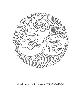 Single one line drawing takoyaki, octopus balls, Japanese fast food. Tasty snack with mayonnaise, seaweed. Swirl curl circle background style. Continuous line draw design graphic vector illustration