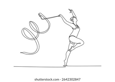 Single one line drawing talented gymnast dancer sport ballerina athlete perform acrobatic exercise spinning gymnastic ribbon artistic element. Continuous line draw design graphic vector illustration