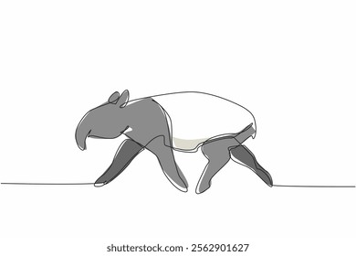 Single one line drawing tapir pose. The characteristic of this animal is that it has a unique nose. This animal is almost extinct. Tapirus. World Tapir Day. Continuous line design graphic illustration