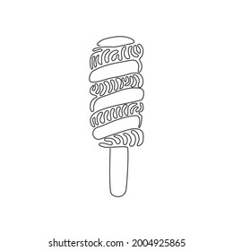 Single one line drawing tasty popsicle twisted ice cream. Stick lolly ice-cream. Delicious cold summer desserts. Swirl curl style. Modern continuous line draw design graphic vector illustration