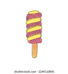 Single one line drawing tasty popsicle twisted ice cream. Stick lolly ice-cream. Delicious cold summer desserts. Swirl curl style. Modern continuous line draw design graphic vector illustration