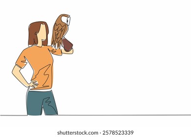 Single one line drawing tawny owl perched on hand of woman. Medium sized owl that lives in England. One of the favorite animals to keep. Woman Holding Bird. Continuous line design graphic illustration