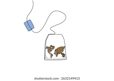 Single one line drawing teabag and world map on the surface of the bag. Packaging that makes it easy for consumers to smell the aroma International Tea Day. Continuous line design graphic illustration