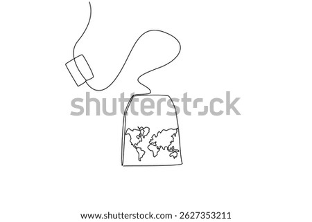 Single one line drawing teabag and world map on the surface of the bag. Packaging that makes it easy for consumers to smell the aroma International Tea Day. Continuous line design graphic illustration