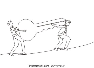 Einzige Zeile Zeichnen Teamwork, Zusammenarbeit, Zusammenarbeit, Partnerschaft, Geschäftskonzept. Das Team der Geschäftspartner-Mitarbeiter-Manager, die gemeinsam großen Schlüssel halten. Design-Vektorgrafik mit kontinuierlicher Linienzeichnung