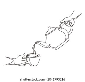 Single one line drawing teapot pouring tea into cup. Woman pouring organic tea into ceramic cup with sand glass. Teapot, teacup. Breakfast concept. Continuous line draw design vector illustration