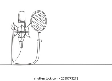 Single one line drawing technology object, sound recording equipment concept. Studio silver microphone and black pop shield on mic stand. Modern continuous line draw design graphic vector illustration