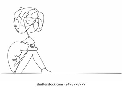 Single one line drawing teenage boy sitting on the floor with his arms crossed on knees. Suffering from excessive anxiety. World Teen Mental Wellness Day. Continuous line design graphic illustration