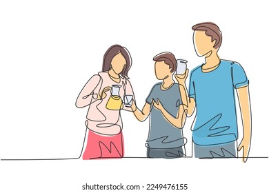 Single one line drawing teenagers celebrate togetherness and friendship by drinking hot tea. Relaxing and refresh moment in life. Modern continuous line draw design graphic vector illustration