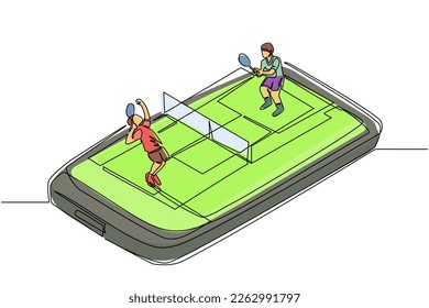 Pista de tenis de una sola línea con dos jugadores en la pantalla del smartphone. Competencia deportiva profesional: jugadores de tenis durante el partido, aplicación móvil. Moderno diseño de traza continua de línea vector gráfico