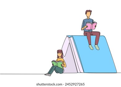Eine Linie zeichnet ein Zelt aus den Büchern. Ein Mann Frau liest in freier Wildbahn die Adventure-Fiction-Bücher. Süchtig nach Lesen. Buchfestival-Konzept. grafische Darstellung der durchgehenden Linie