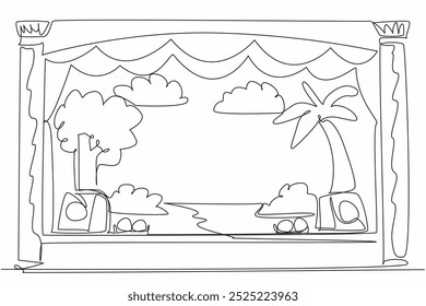 Single one line drawing theater stage with complete setting. Role play with a tropical theme. Enlivens the atmosphere for the audience. World Theatre Day. Continuous line design graphic illustration