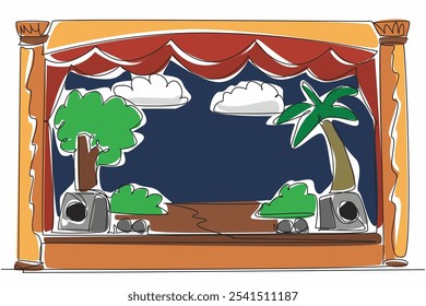 Single one line drawing theater stage with complete setting. Role play with a tropical theme. Enlivens the atmosphere for the audience. World Theatre Day. Continuous line design graphic illustration