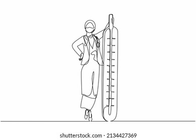 Single One Line Drawing Therapist Doctor With Mask On Her Face Carry Thermometer In Hospital. Arabian Female Nurse Or Doctor In Medical Outfit With Stethoscope. Continuous Line Design Graphic Vector