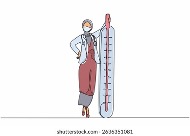 Single one line drawing therapist doctor with mask on her face carry thermometer in hospital. Arabian female nurse or doctor in medical outfit with stethoscope. Continuous line design graphic vector