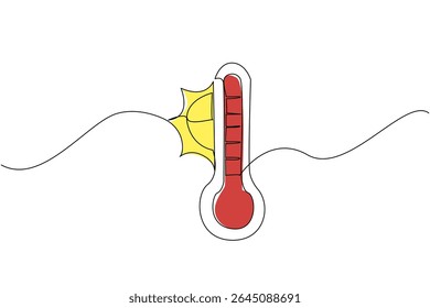 Single one line drawing thermometer with red pointer and half sun. Very high temperature warning. Global warming. Extreme. National Heat Awareness Day. Continuous line design graphic illustration