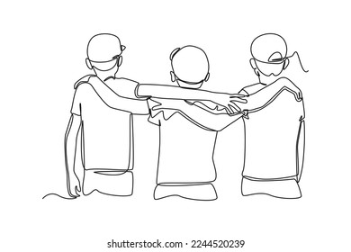 Single one line drawing three boys rear view standing   hugs  Team work concept  Continuous line draw design graphic vector illustration 