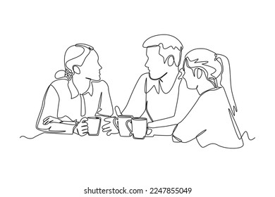 Single one line drawing three friends talking   drinking coffee in cafe  Hangouts With Friends concept  Continuous line draw design graphic vector illustration 