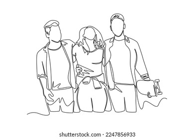 Single one line drawing Three friends laugh   embrace each other  Hangouts With Friends concept  Continuous line draw design graphic vector illustration 