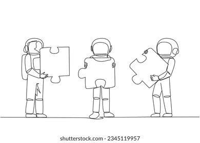 Single one line drawing three astronauts each carrying three puzzle pieces. Teamwork of astronauts putting the puzzle together. Cosmic galaxy deep space. Continuous line design graphic illustration