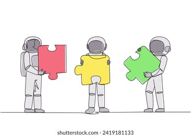 Single one line drawing three astronauts each carrying three puzzle pieces. Teamwork of astronauts putting the puzzle together. Cosmic galaxy deep space. Continuous line design graphic illustration