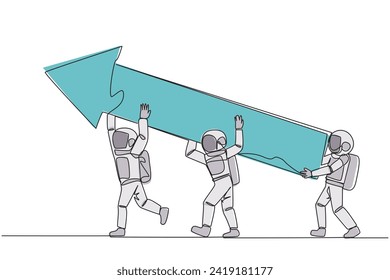 Single one line drawing three astronauts raised the big arrow together. With teamwork making graphics can improve.  Deep space astronaut concept. Cosmonaut. Continuous line design graphic illustration