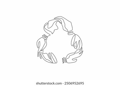 Single one line drawing three plastic bottles are formed into recycling symbol. Evidence that plastic is major pollutant. To pollute. Global Recycling Day. Continuous line design graphic illustration