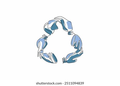 Single one line drawing three plastic bottles are formed into recycling symbol. Evidence that plastic is major pollutant. To pollute. Global Recycling Day. Continuous line design graphic illustration